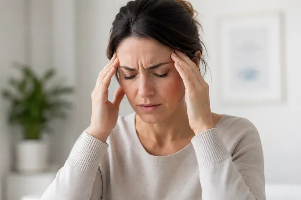 Woman experiencing a headache with her hands on her temples