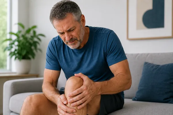 Man experiencing knee pain while holding his knee