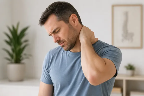Man experiencing neck pain with his hand on the back of his neck